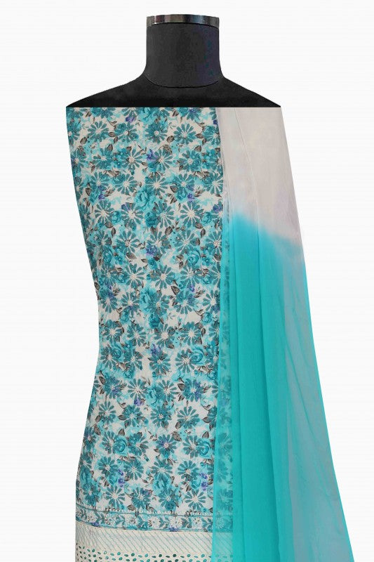 Ada Hand Embroidered Sea Green/Cream Cotton Lucknowi Chikan Unstitched Suit Piece-A478841