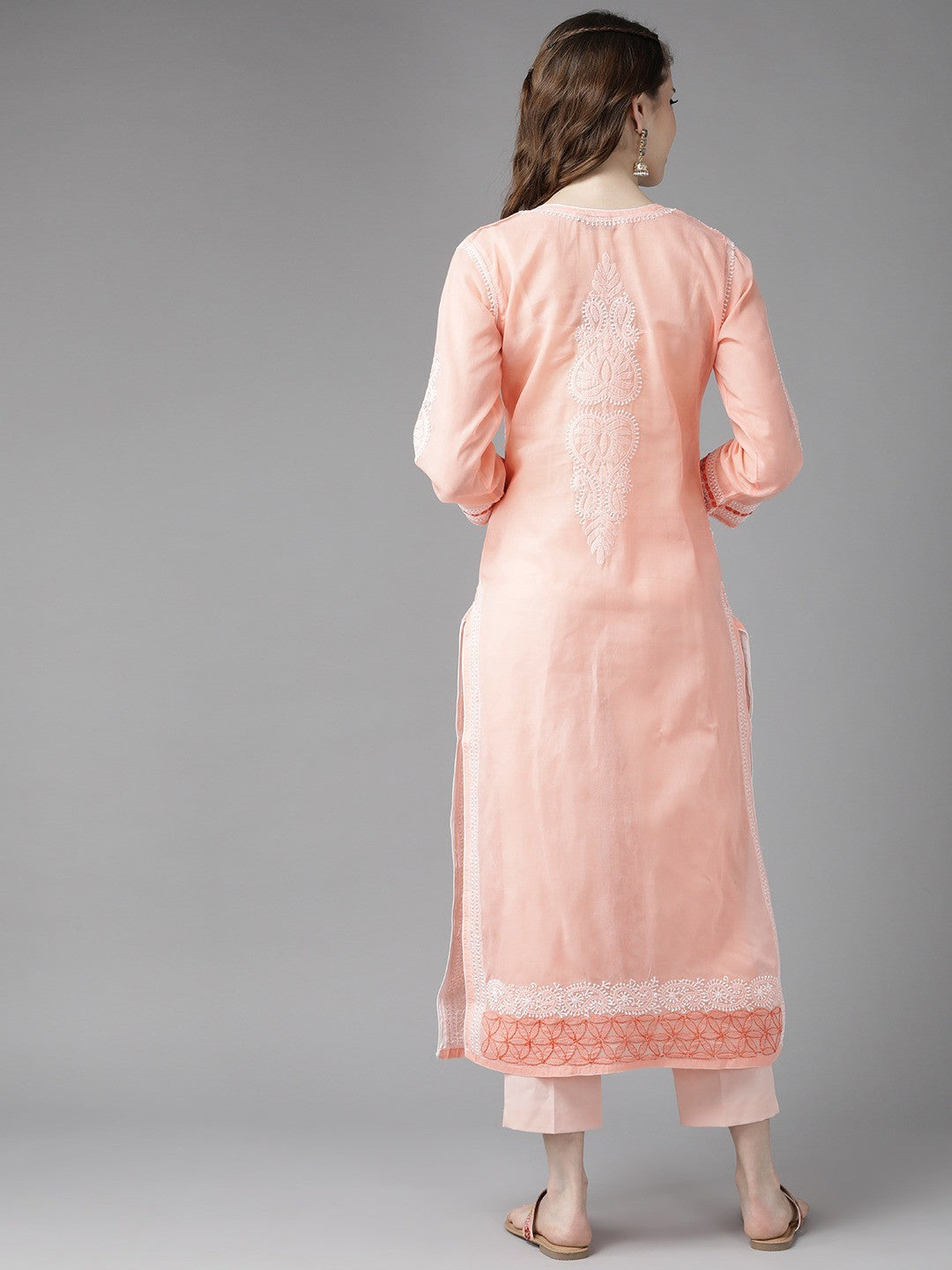 Ada Hand Embroidered Peach Cotton Lucknow Chikan Straight Kurta-A230774