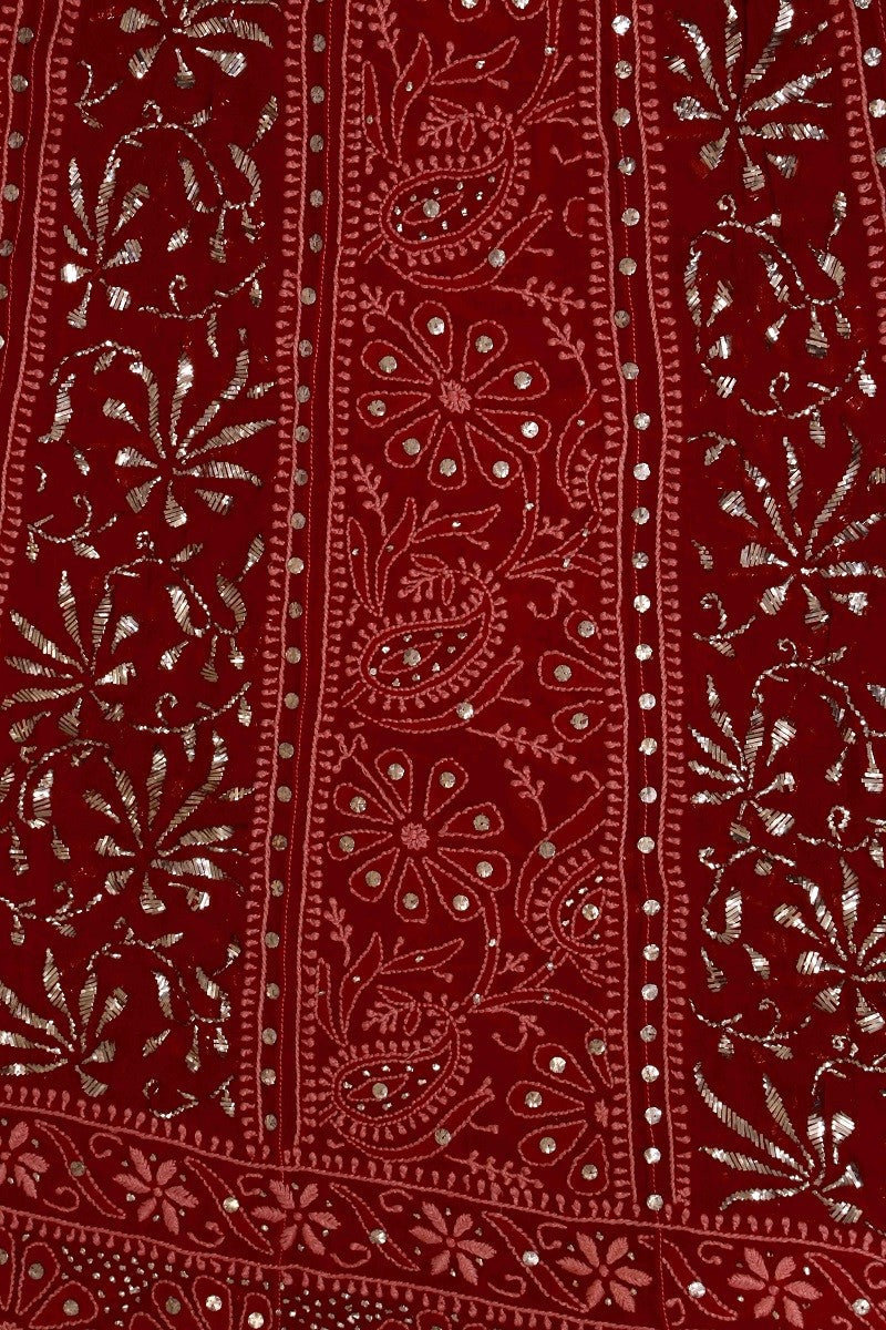 Ada Hand Embroidered Maroon Pure Georgette Lucknowi Chikankari Semi-stitched Anarkali Kurta Dupatta Set With Muqaish Work-A617645