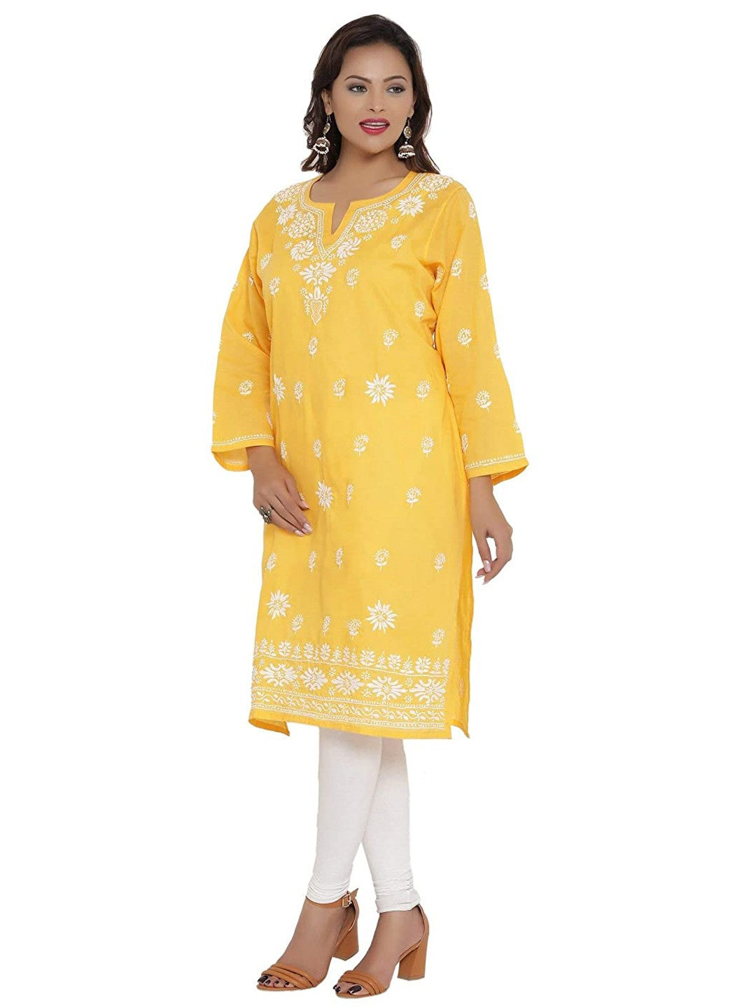 Ada Hand Embroidered Yellow Cotton Lucknow Chikankari Straight Kurta- A210483