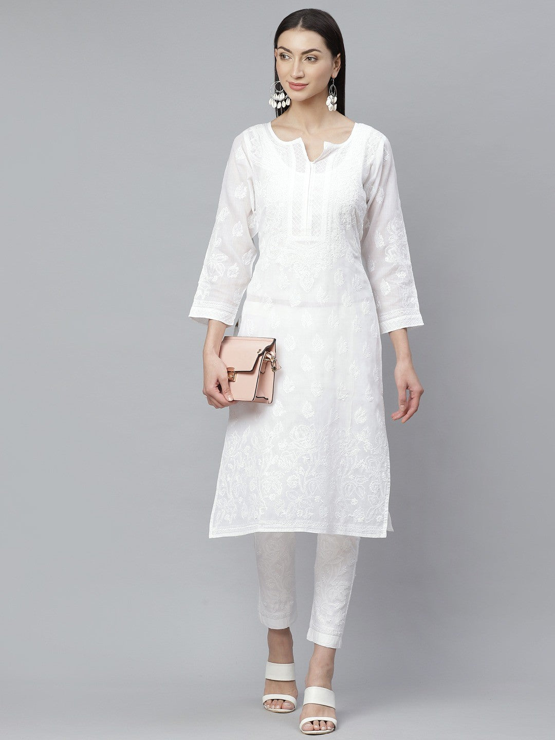 Ada Hand Embroidered White Cotton Lucknowi Chikankari Straight Kurta With Trouser Set A811137