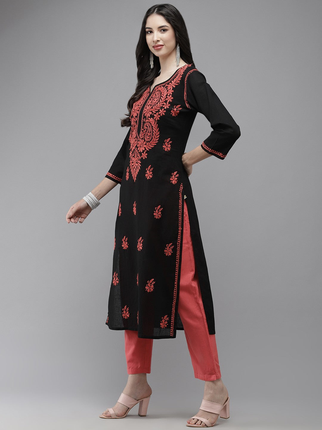 Ada Hand Embroidered Black Cotton Lucknow Chikankari Kurta A411278