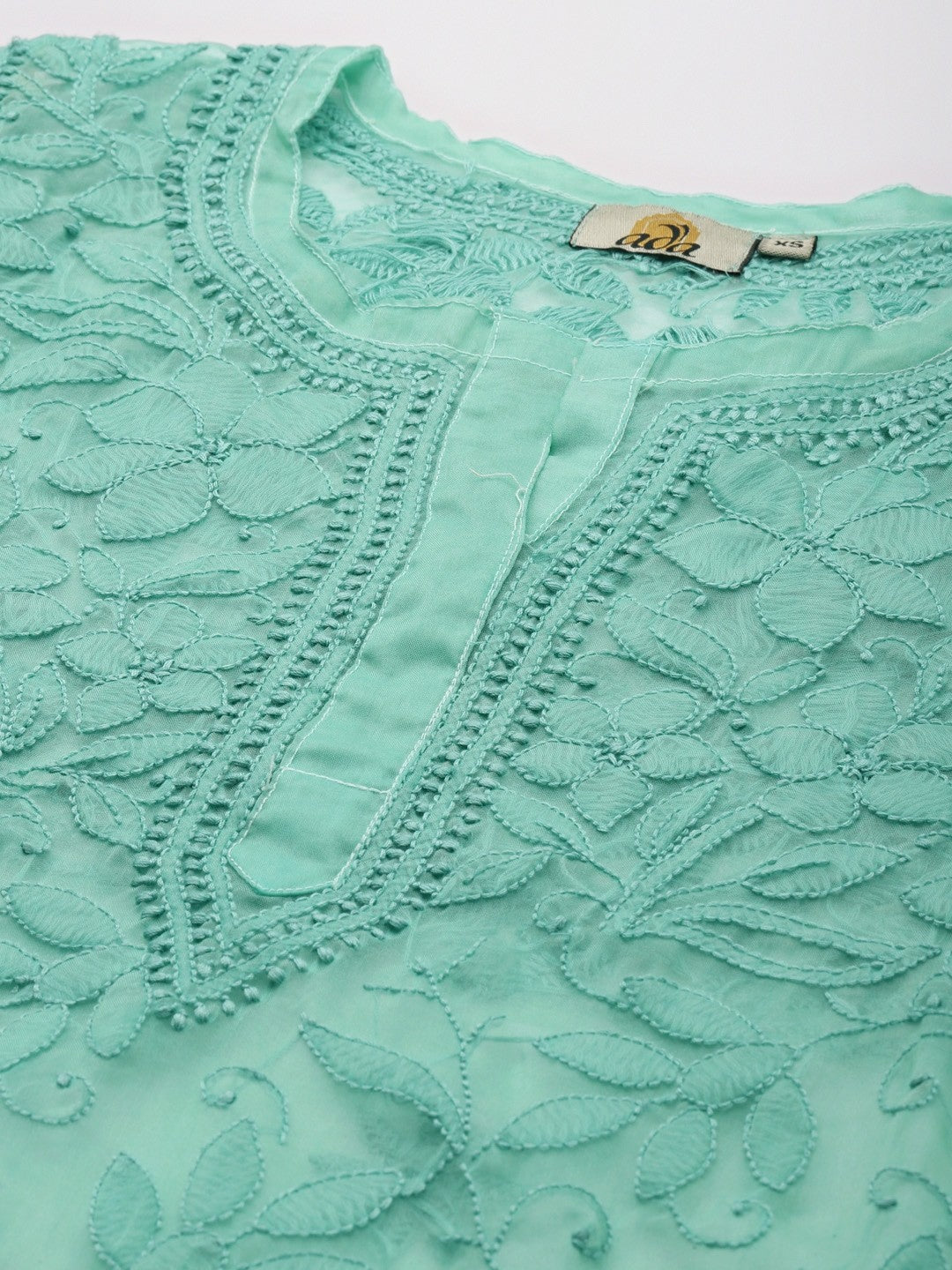 Ada Hand Embroidered Sea Green Organza Lucknowi Chikankari Straight Kurta With Slip- A411242