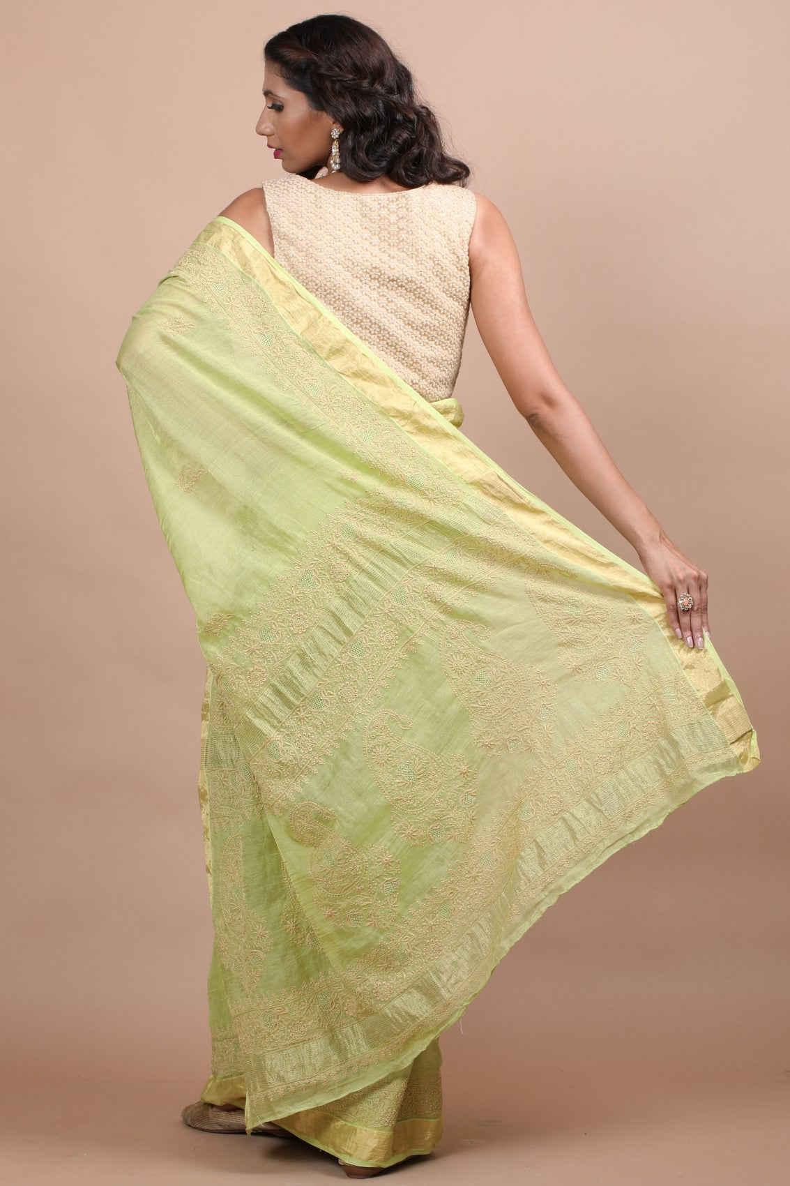 Ada Hand Embroidered Parrot Green Tissue Lucknow Chikan Saree/Blouse With Zari Work 01A265928