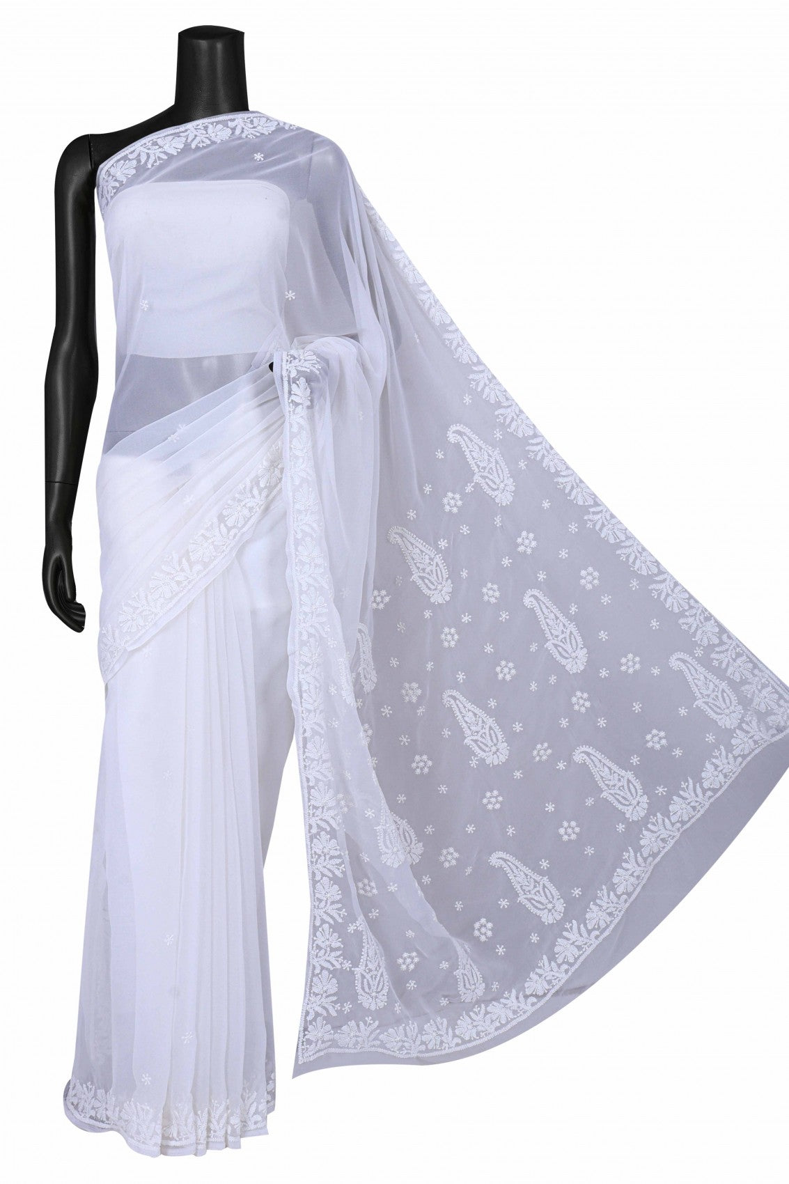 Ada Hand Embroidered White Georgette Lucknowi Chikankari Saree With Blouse A170290