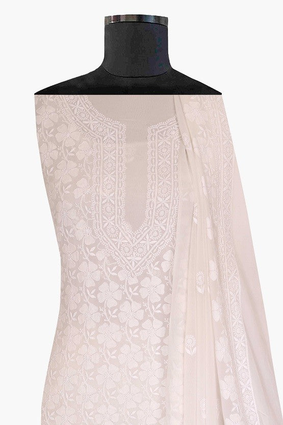 Ada Hand Embroidered White Pure Georgette Lucknowi Chikan Unstitched Kurta Dupatta Set A94855