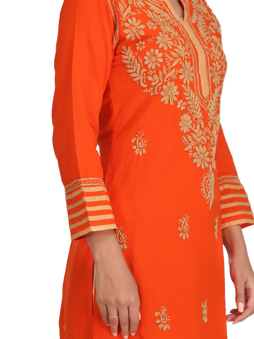 Ada Hand Embroidered Orange Cotton Lucknowi Chikankari Straight  Kurta A226128