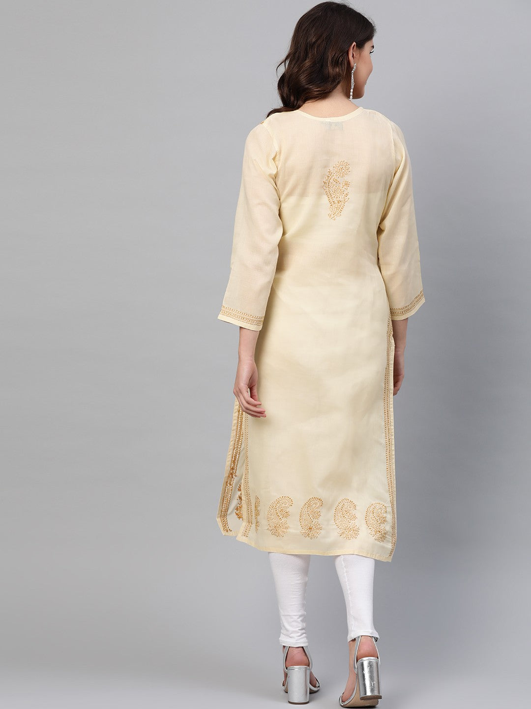 Ada Hand Embroidered Beige Cotton Lucknowi Chikankari Straight Kurta A227642