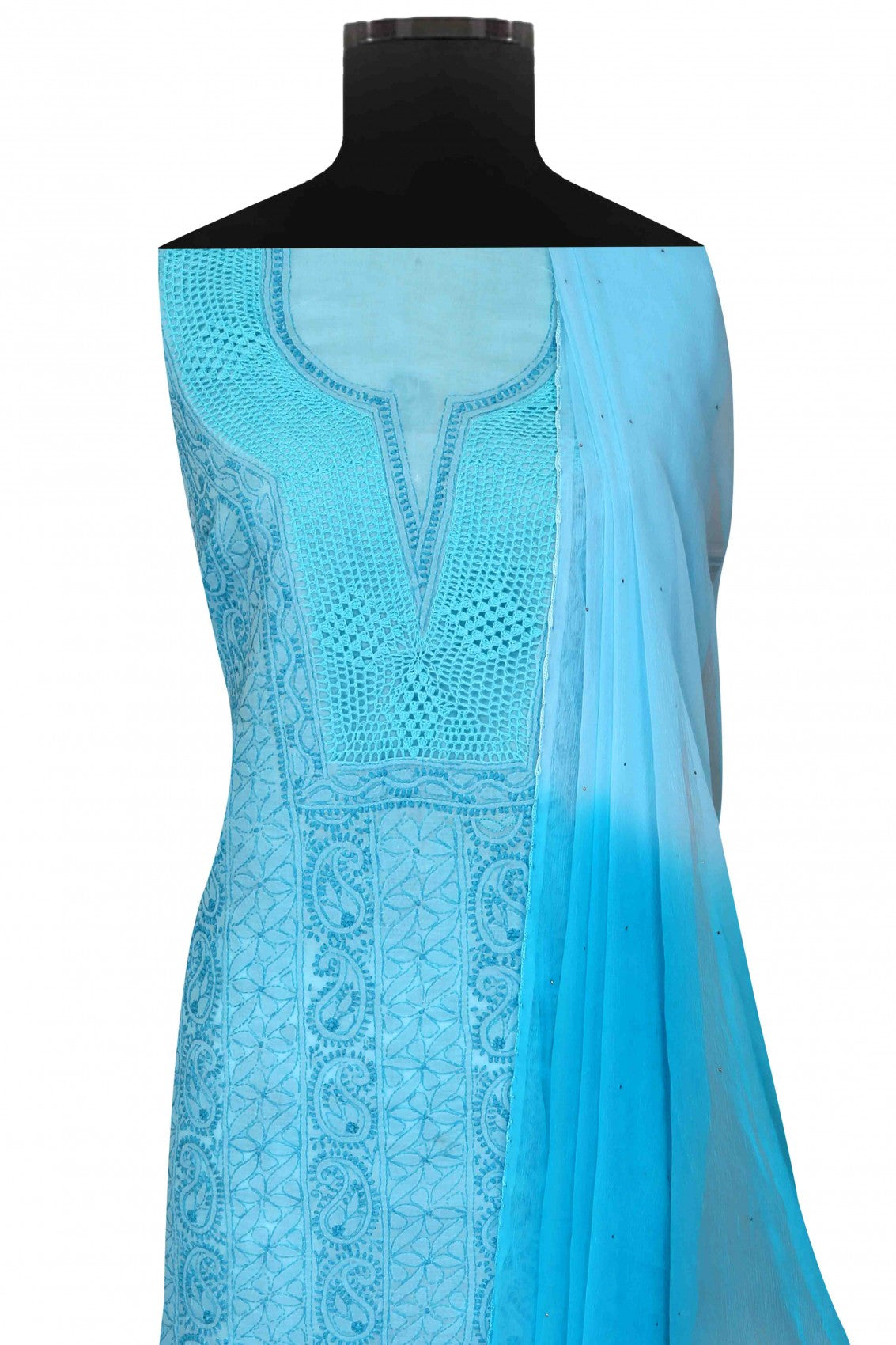 Ada Hand Embroidered Blue Cotton Lucknowi Chikankari Unstitched Suit Piece 01A127644