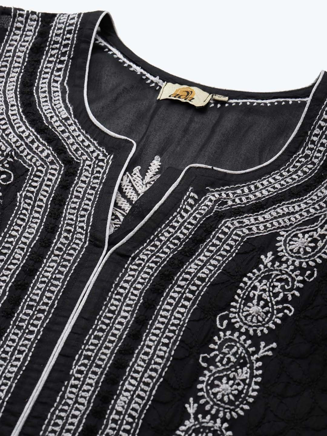 Ada Hand Embroidered Black Cotton Lucknowi Chikankari Straight Kurta A230771