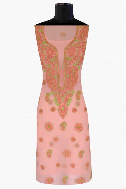 Ada Hand Embroidered Peach Georgette Lucknowi Chikankari Unstitched Suit Piece A211192