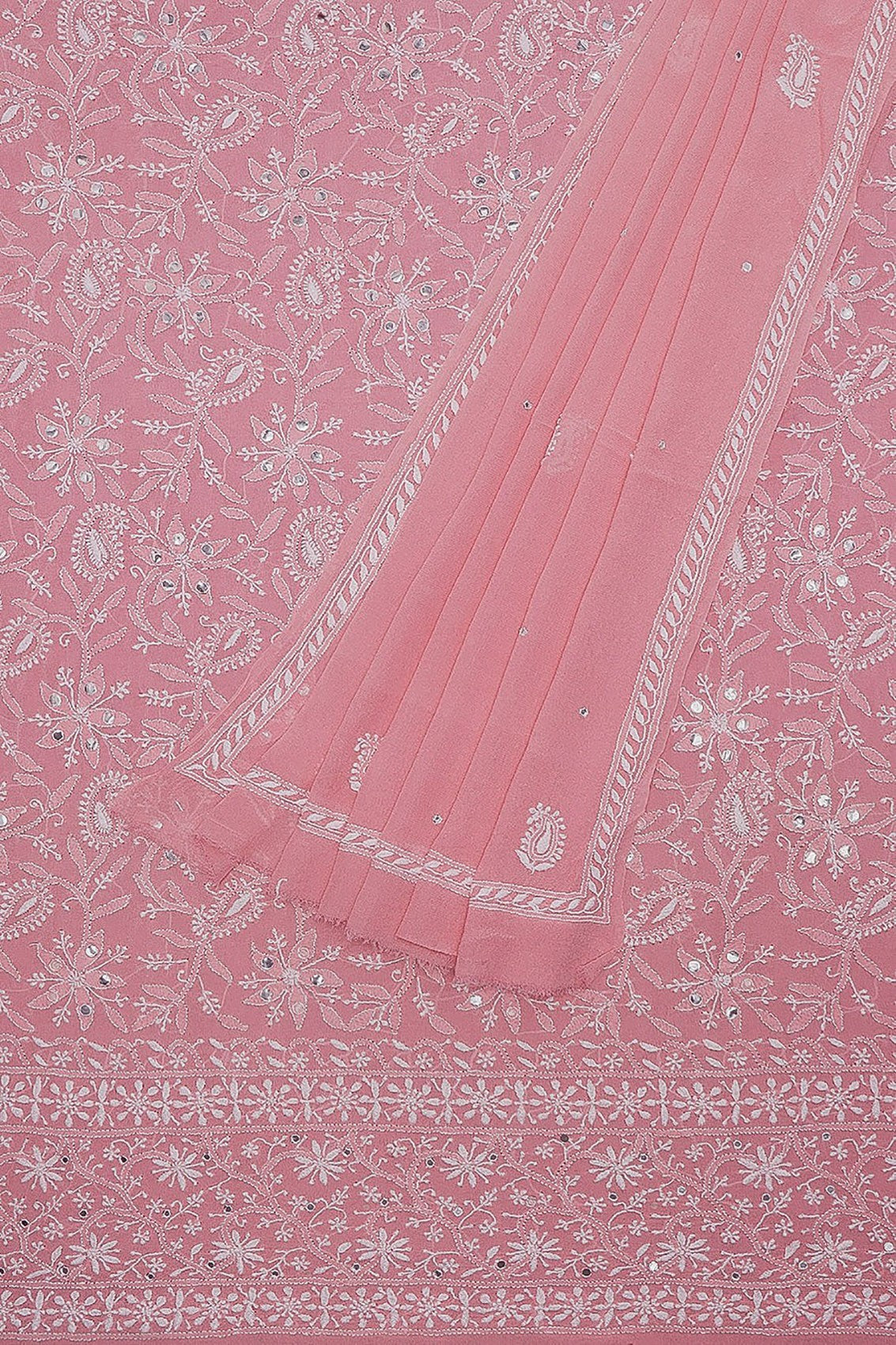 Ada Hand Embroidered Onion Pink Pure Georgette Lucknowi Chikankari Unstitched Kurta Dupatta With Mirror Work A93069