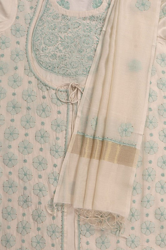 Ada Hand Embroidered Off White Chanderi Lucknowi Chikankari Unstitched Kurta Dupatta Set With Muqaish Work A601078