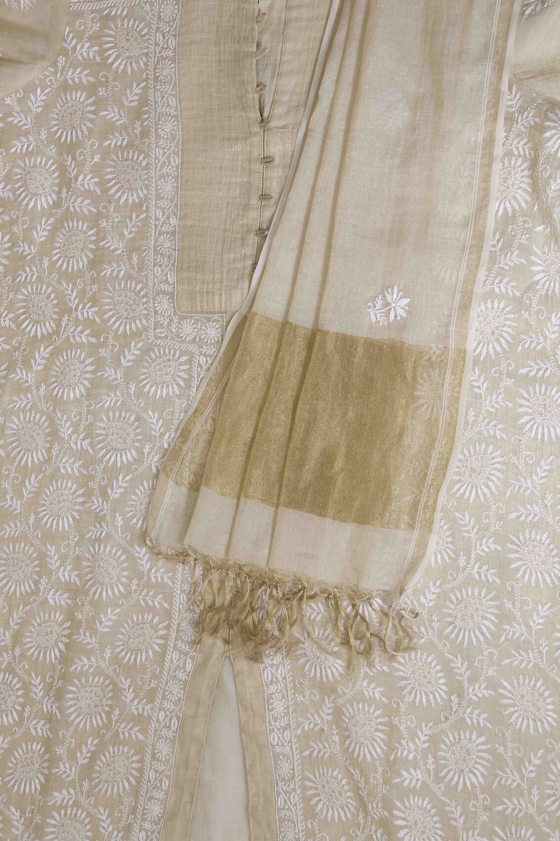 Ada Hand Embroidered Natural Fawn Tissue Lucknowi Chikankari Semi-stitched Kurta Dupatta Set A615495
