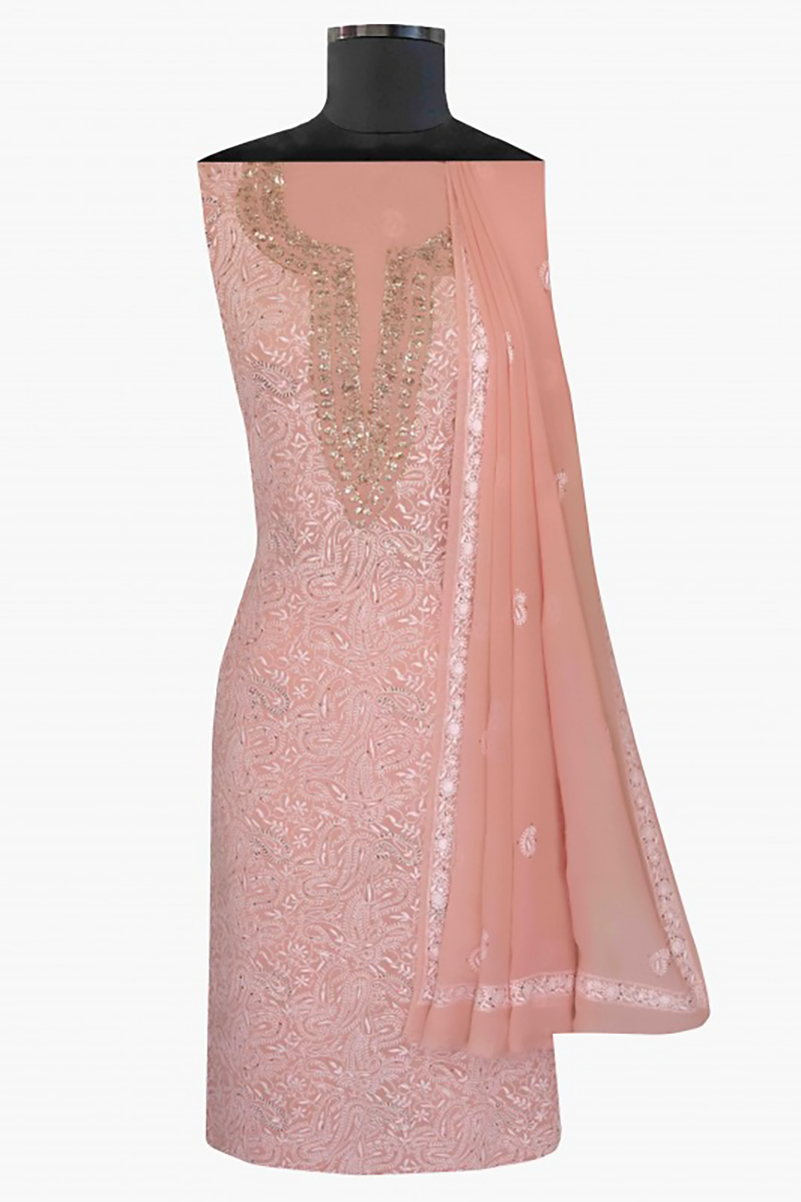 Ada Hand Embroidered Powder Pink Pure Georgette Lucknowi Chikankari Unstitched Kurta Dupatta Set With Muqaish Work A91779