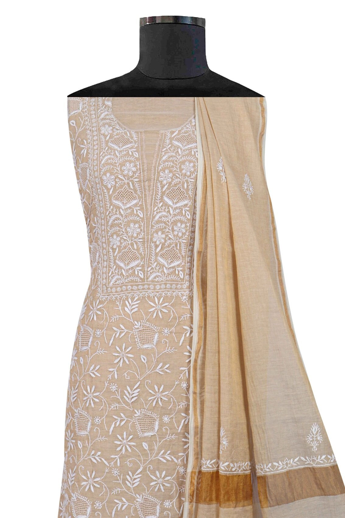 Ada Hand Embroidered Natural Fawn Tissue Lucknowi Chikankari Unstitched Kurta Dupatta Set 01A213418