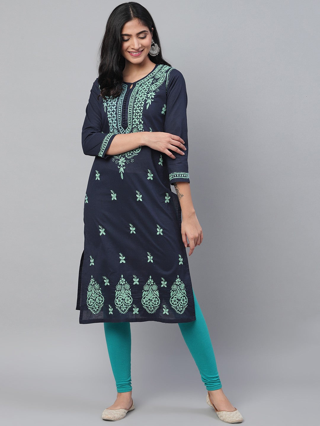 Ada Hand Embroidered Navy Blue Cotton Lucknowi Chikankari Straight Kurta A411119