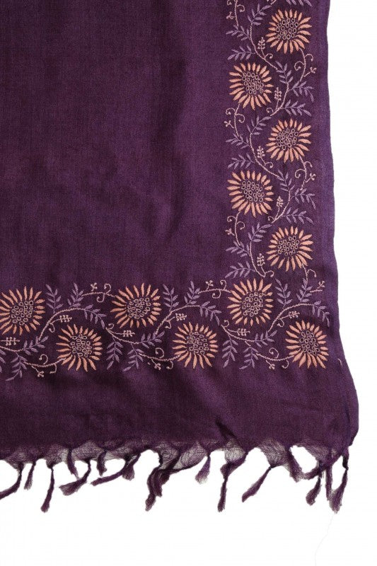 Ada Hand Embroidered Royal Purple Pashmina Lucknow Chikan Woolen Stole-A232220