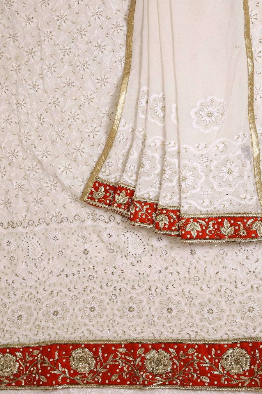 Ada Hand Embroidered Off White Pure Georgette Lucknowi Chikan Unstitched Kurta Dupatta Set with Pearl & Sequinned Work A227700