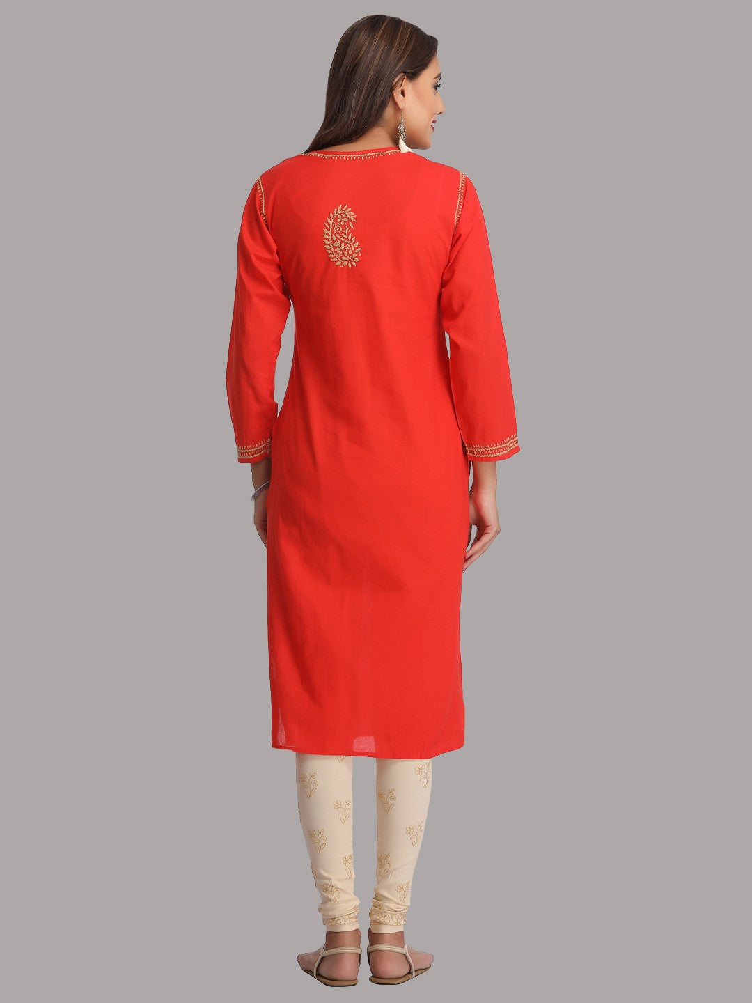 Ada Hand Embroidered Carrot Pink Cotton Lucknowi Chikankari Straight Kurta A188269