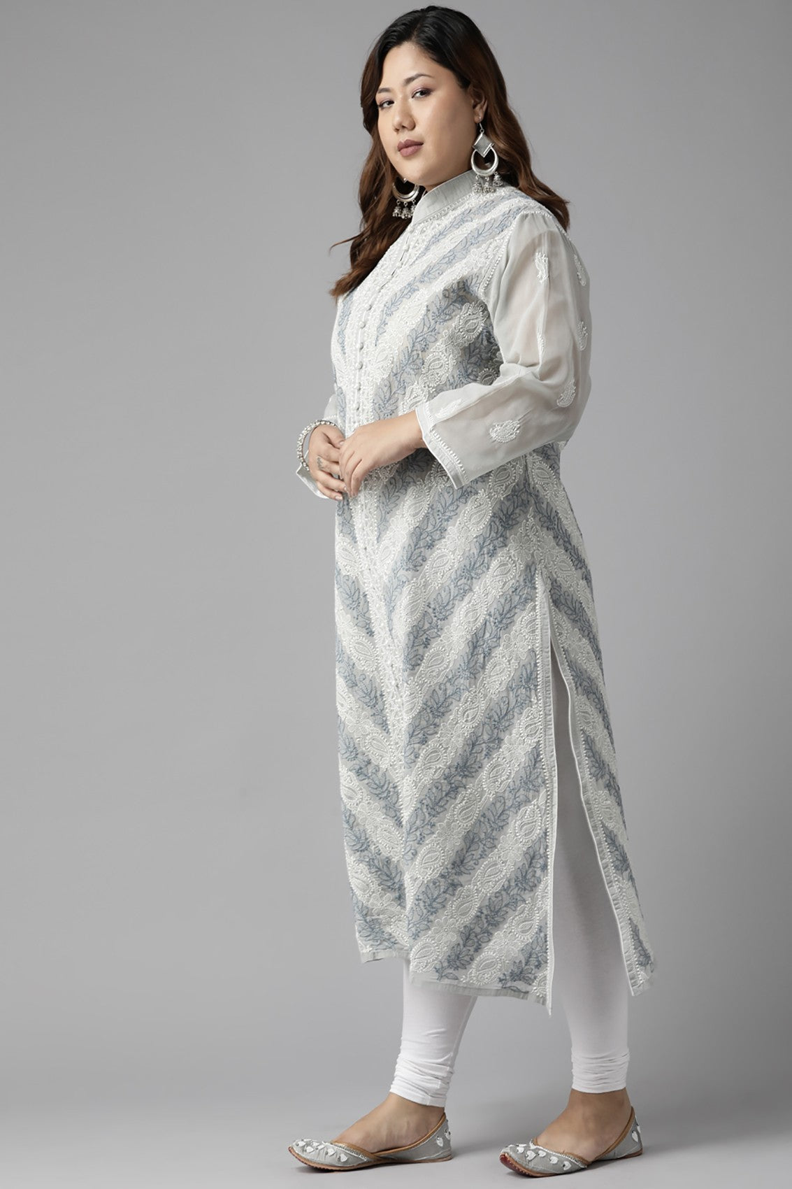 Ada Hand Embroidered Grey Cotton Lucknow Chikan Straight Kurta  A411320