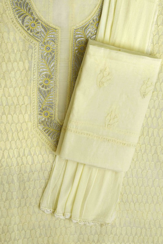 Ada Hand Embroidered Lemon Cotton Lucknowi Chikan Unstitched Suit Piece–A100185