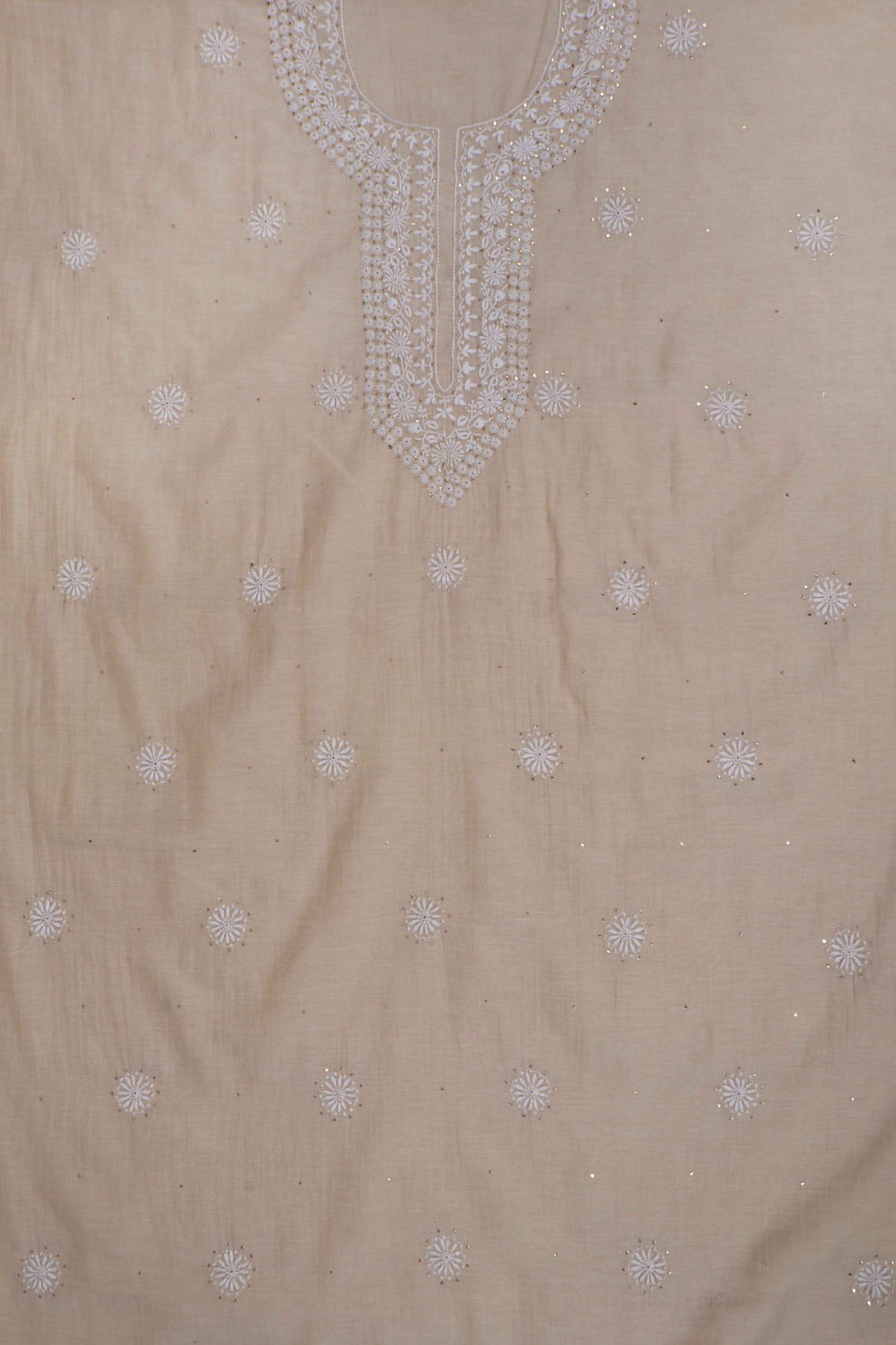 Ada Hand Embroidered Natural Fawn Tissue Lucknowi Chikankari Unstitched Kurta Dupatta Set With Muqaish Work 01A196056