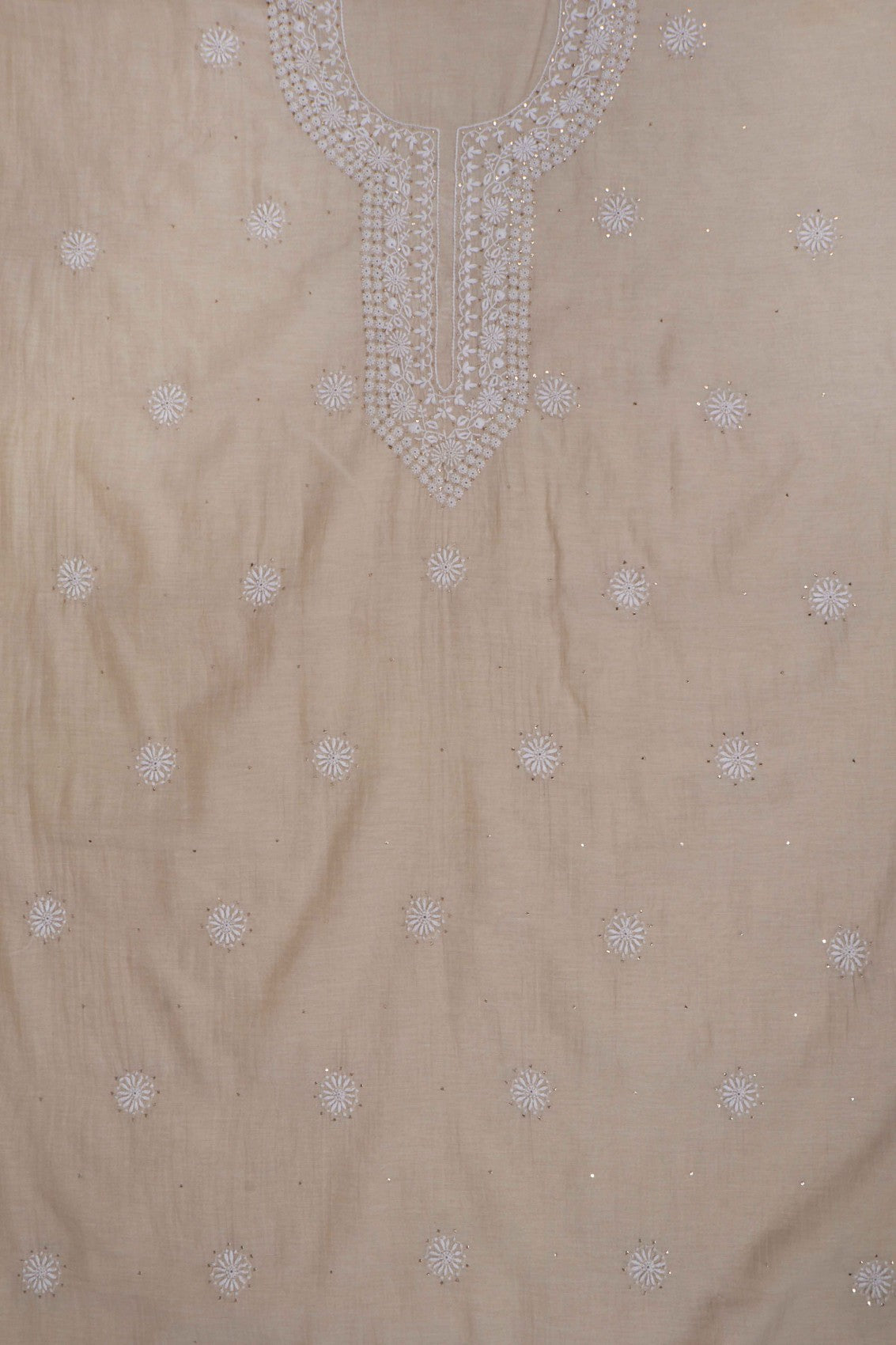 Ada Hand Embroidered Natural Fawn Tissue Lucknowi Chikankari Unstitched Kurta Dupatta Set With Muqaish Work 01A196056