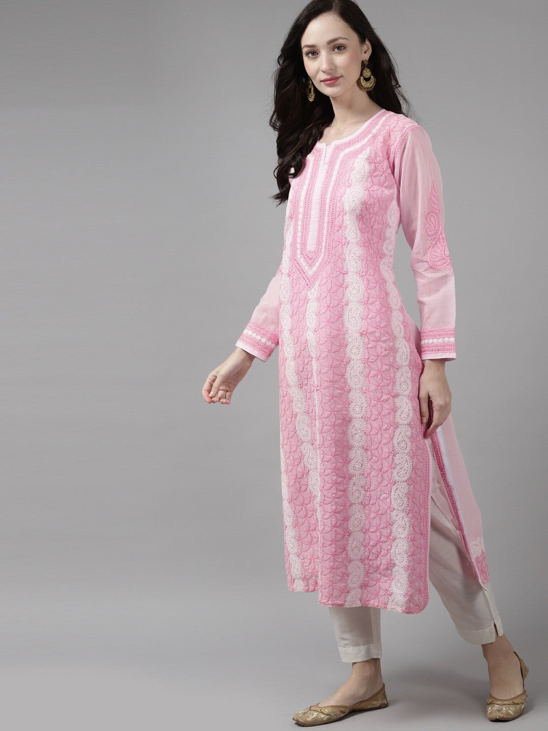 Ada Hand Embroidered Pink Cotton Lucknow Chikan Kurta- A411258