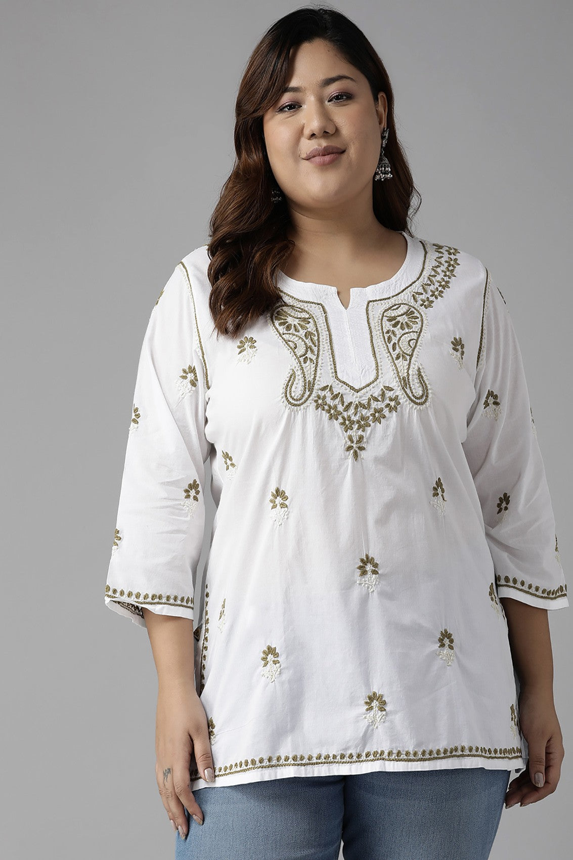 Ada Hand Embroidered White Cotton Lucknowi Chikankari Short Kurti A911223