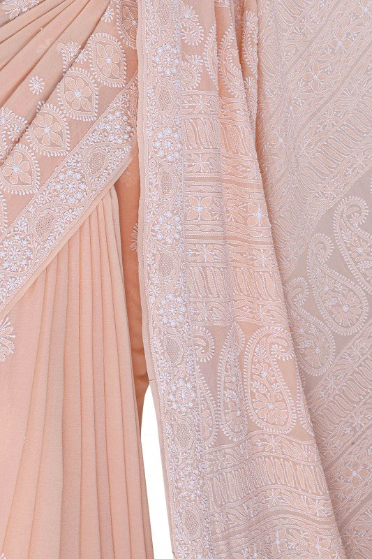 Ada Hand Embroidered Peach Pure Georgette Lucknow Chikan Saree With Blouse- A594620