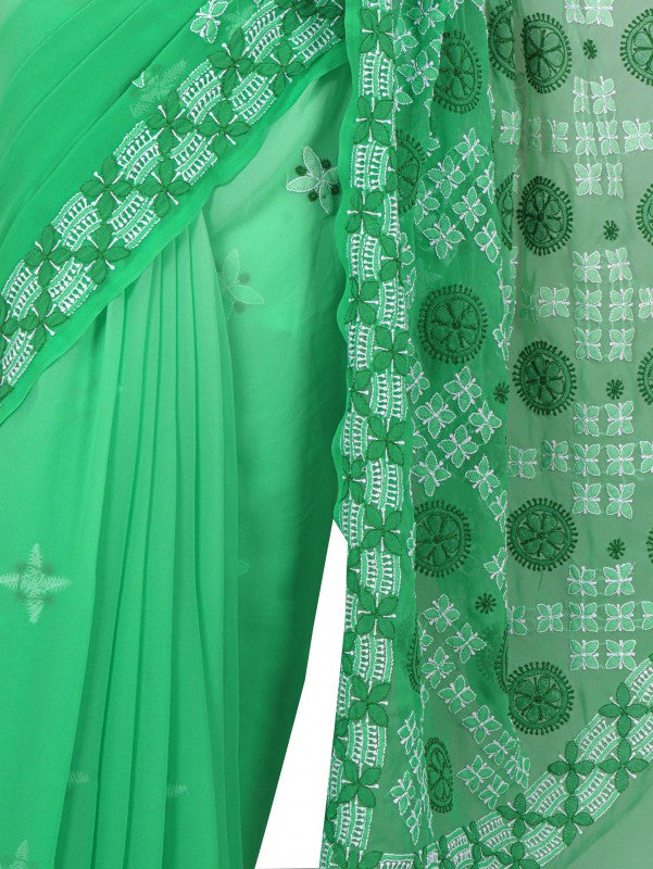 Ada Hand Embroidered Emerald Green Georgette Lucknowi Chikankari Saree With Blouse A223503