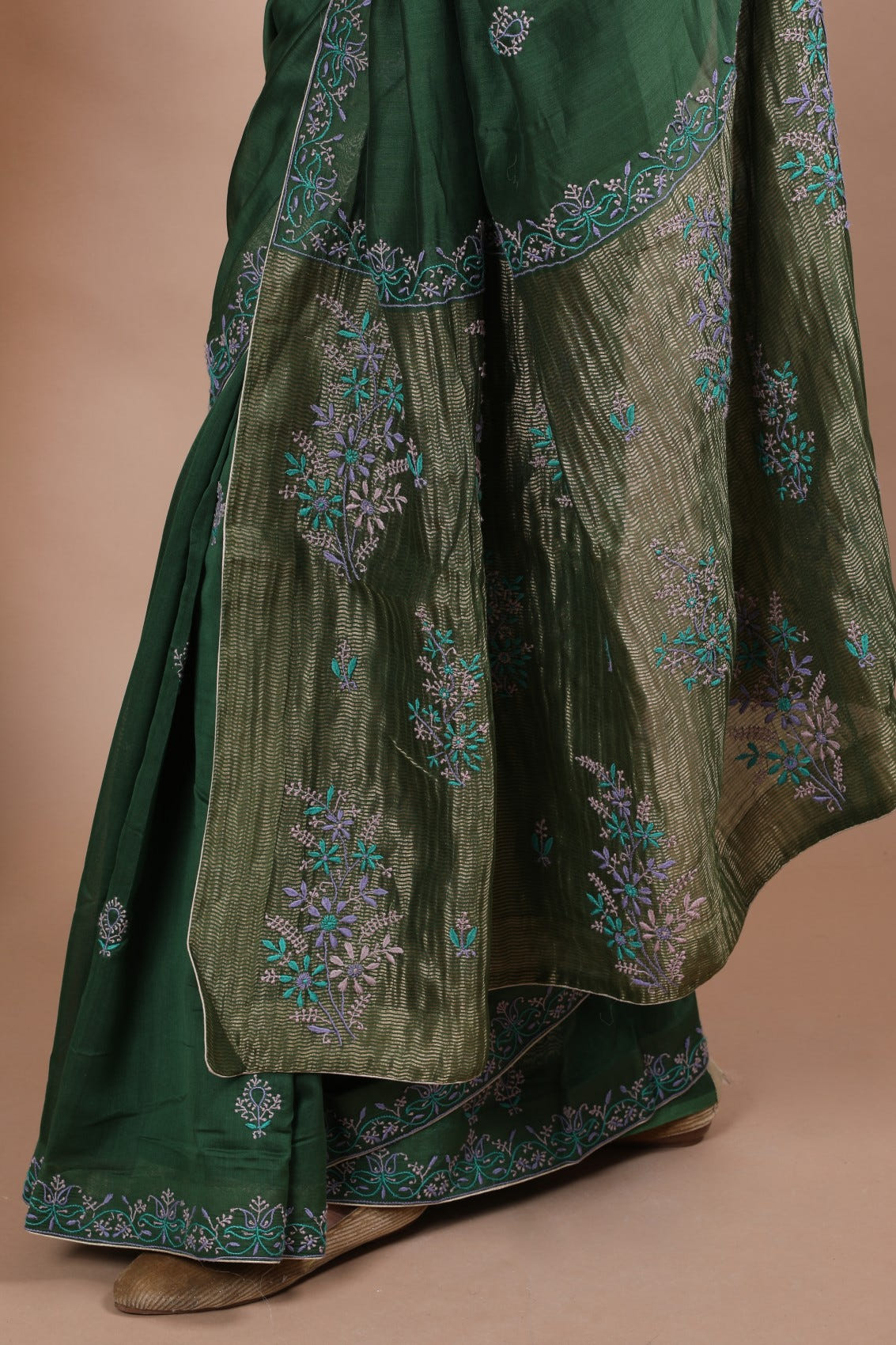 Ada Hand Embroidered Juniper Green Chanderi Lucknowi Chikankari Saree With Blouse A105790