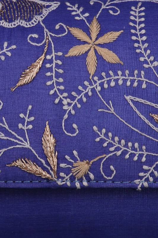 Ada Hand Embroidered Royal Blue Silk Lucknowi Chikankari Clutch With Zari Work 01A303633