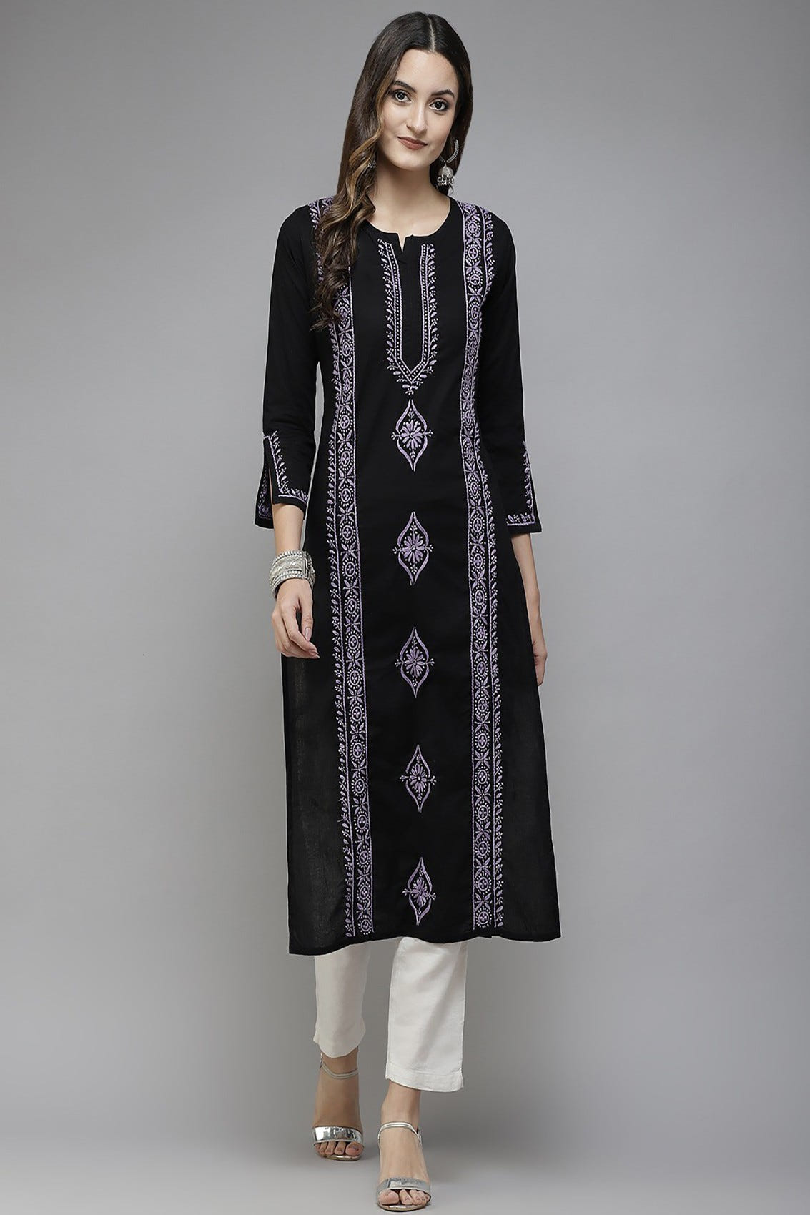 Ada Hand Embroidered Black Cotton Lucknowi Chikankari Straight Kurta A411394