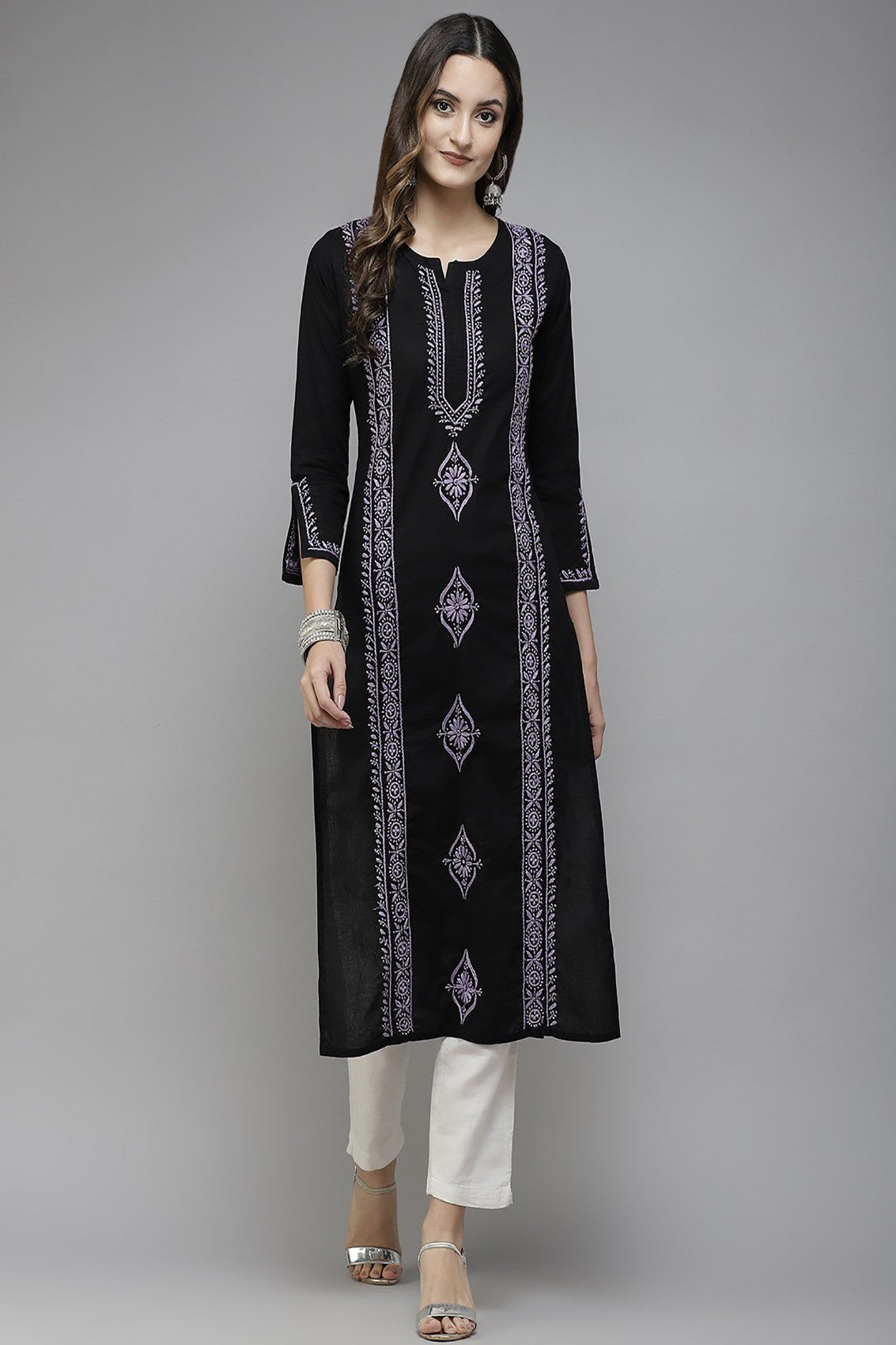 Ada Hand Embroidered Black Cotton Lucknowi Chikankari Straight Kurta A411394