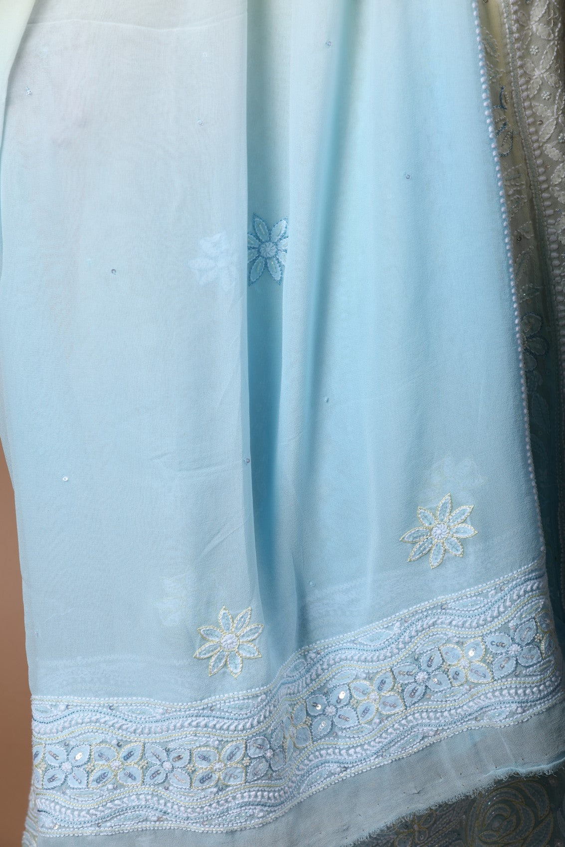 Ada Hand Embroidered Dual Shade Lemon And Blue Pure Georgette Lucknowi Chikankari Semi-Stitched Anarkali Kurta Dupatta Set With Cutdana Work 01A255942