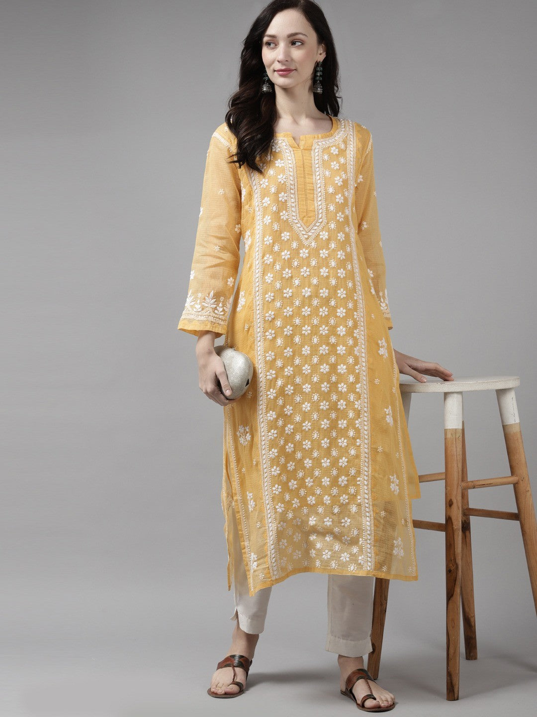 Ada Hand Embroidered Fawn Kota Lucknow Chikankari Kurta With Slip-A411306