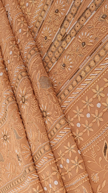 Ada Hand Embroidered Fawn Pure Georgette Lucknowi Chikan Unstitched Kurta Dupatta Set with Pearl Work A576803
