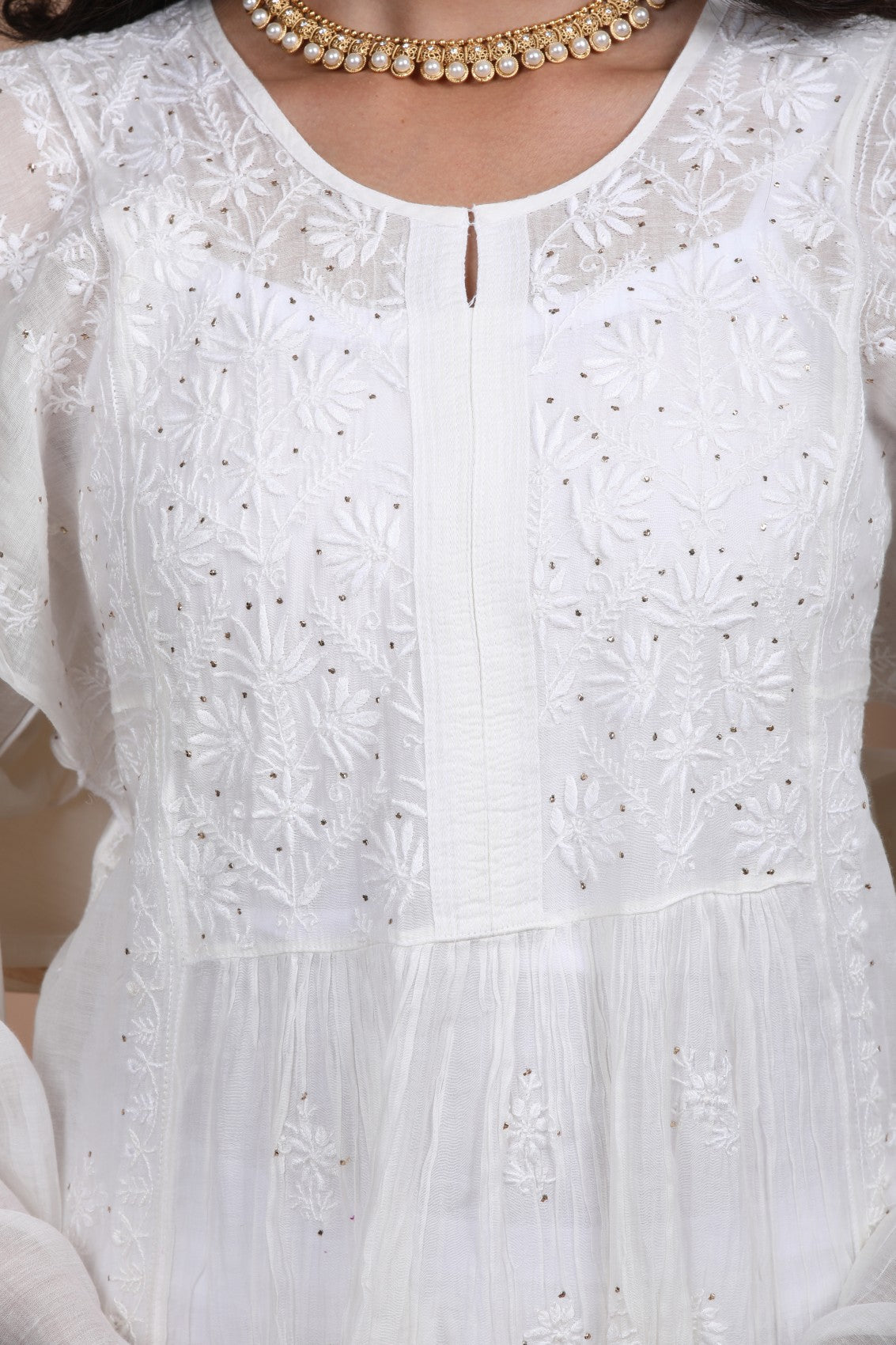 Ada Hand Embroidered White Chanderi Lucknowi Chikankari Semi-stitched Kurta Dupatta Set With Muqaish Work 01A260055