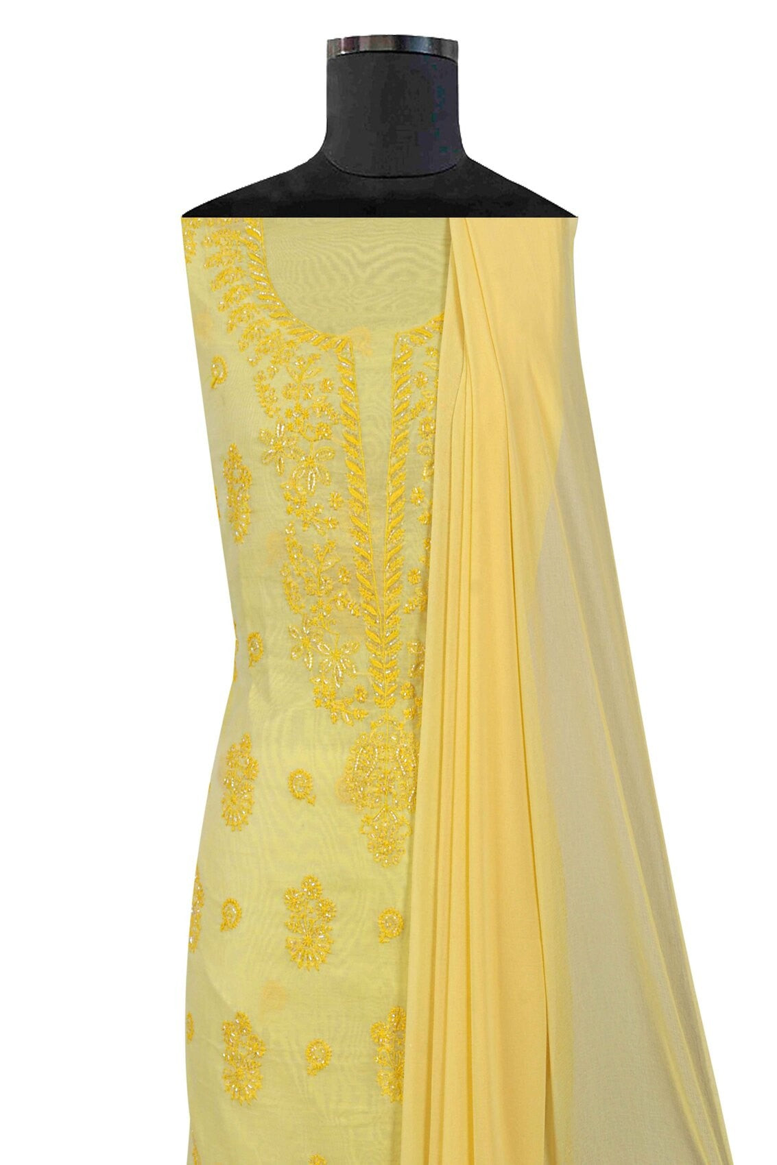 Ada Hand Embroidered Yellow Cotton Lucknowi Chikankari Unstitched Suit Piece With Cutdana Work A615368