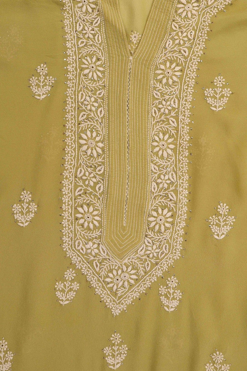 Ada Hand Embroidered Mehendi Green Pure Georgette Lucknowi Chikan Unstitched Kurta Dupatta Set A482884