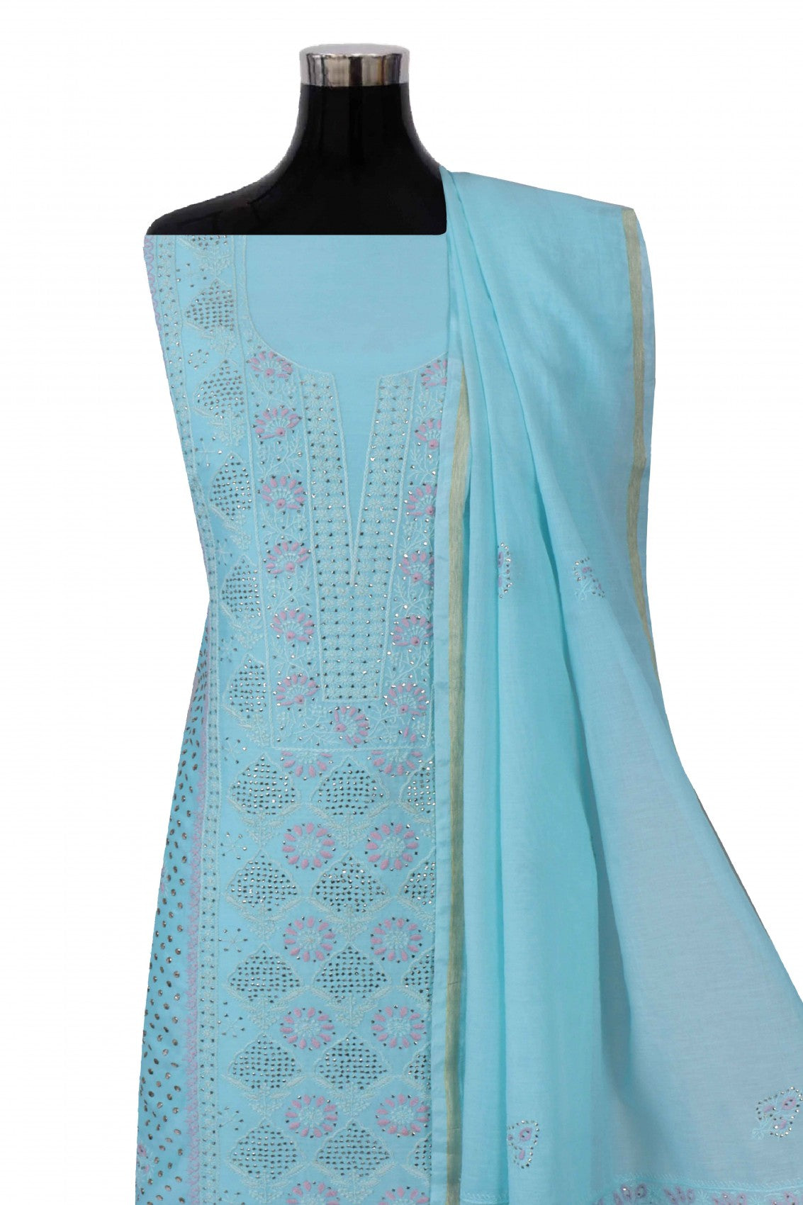 Ada Hand Embroidered Sky Blue Chanderi Lucknowi Chikankari Unstitched Suit Piece With Muqaish Work 01A195541