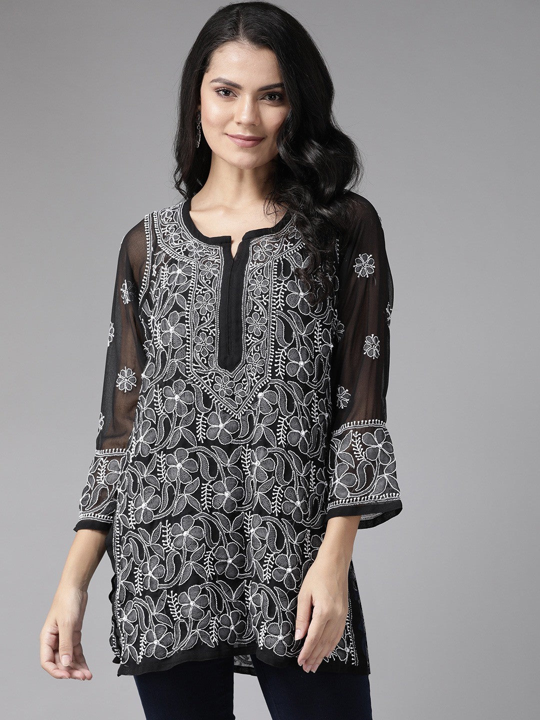Ada Hand Embroidered Black Georgette Lucknowi Chikankari Straight Kurti A911126