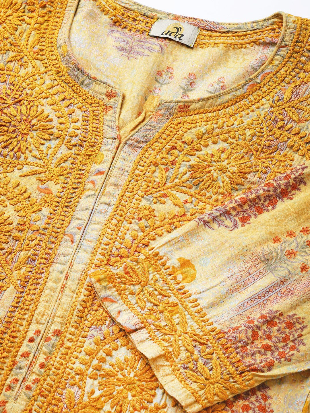 Ada Hand Embroidered Mustard Printed Cotton Chikan Kurta- A100060