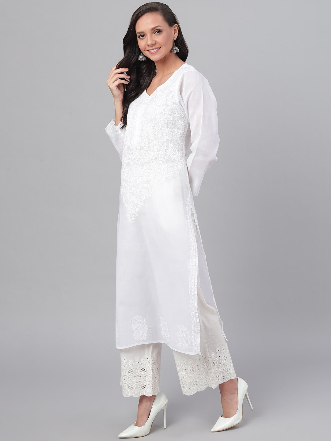 Ada Hand Embroidered White Cotton Lucknowi Chikankari Straight Kurta A227625