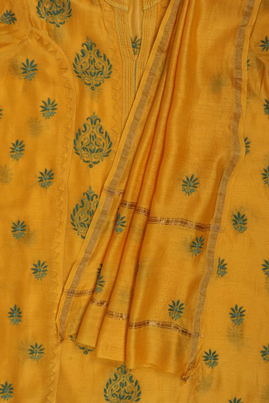 Ada Hand Embroidered Bright Yellow Chanderi Lucknowi Chikankari Unstitched Kurta Dupatta Set A320092