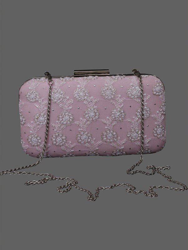 Ada Hand Embroidered Pink Pure Georgette Lucknow Chikankari Clutch With Muqaish Work- A606019