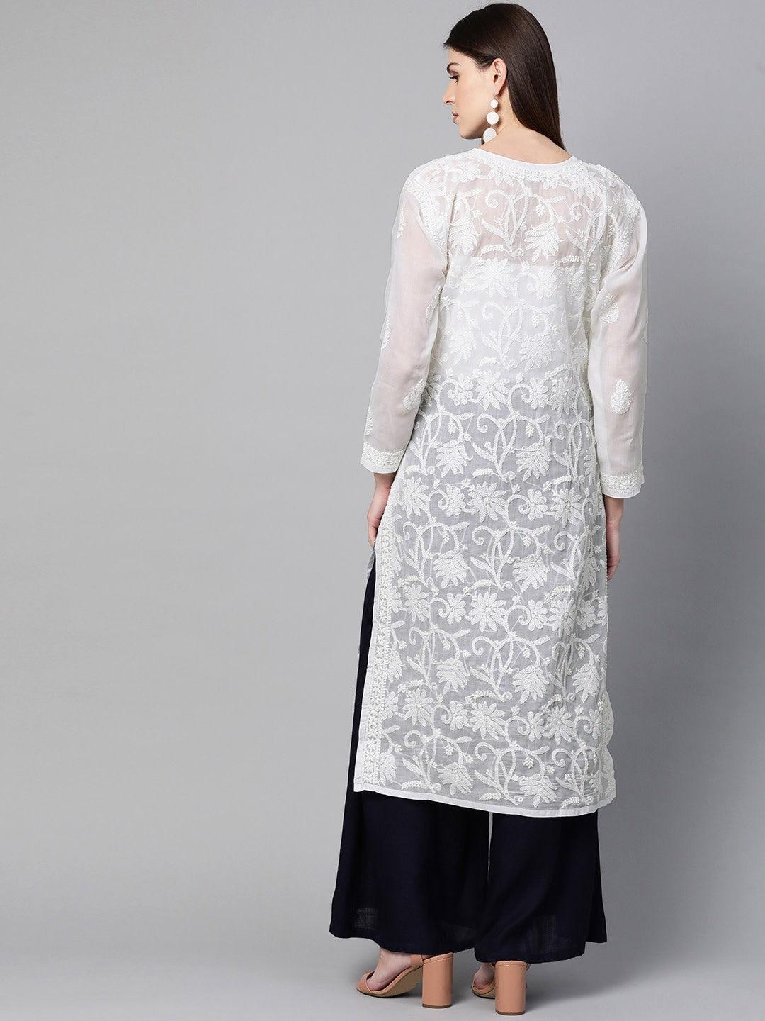 Ada Hand Embroidered White Cotton Lucknow Chikankari Straight Kurta-A100423