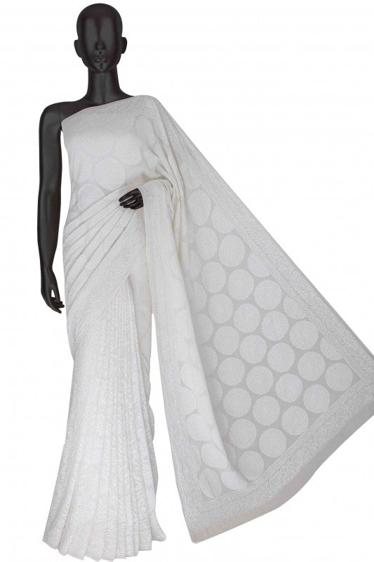 Ada Hand Embroidered White Pure Georgette Lucknow Chikan Saree With Blouse-A453443